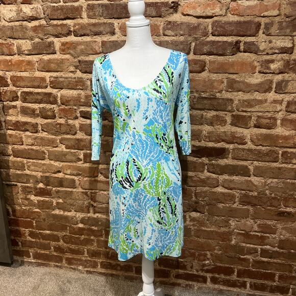 LILLY PULITZER ELIZA Sz LARGE Spa Blue Lets Cha Cha Pima Cotton Shirt Dress EXC - Picture 2 of 6